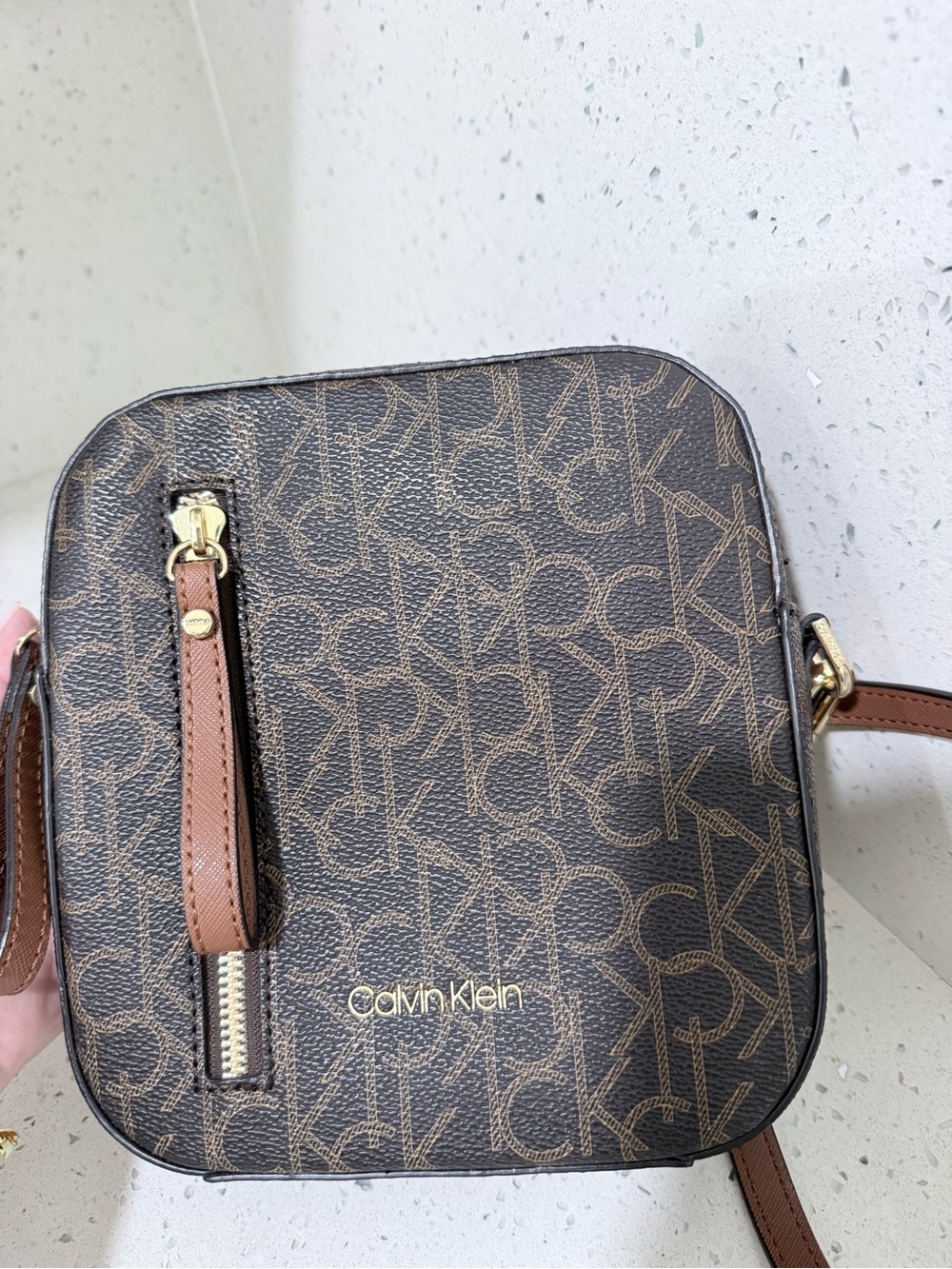 Calvin Klein Brown Monogram Square Crossbody with Tan Strap - Picture 4 of 7